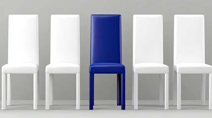 Unique blue chair surrounded by white chairs in modern minimalist space interior design contemporary style
