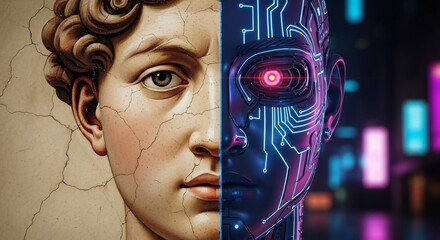 Humanoid face divided between classical sculpture and futuristic robot artificial intelligence concept
