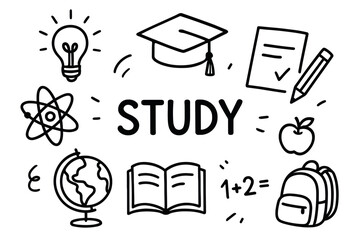 Education symbols: study tools and learning icons including books, globe, and graduation cap
