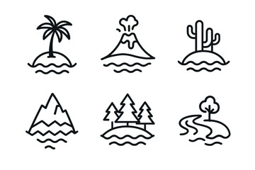 Fototapeta premium Collection of minimalist island and nature icons with trees, mountain, and volcano