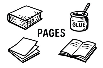 Illustrated items: hardcover book, glue, loose pages, open book