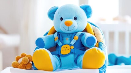 Playful blue teddy bear sitting in cozy nursery soft toy cheerful environment indoor adorable concept