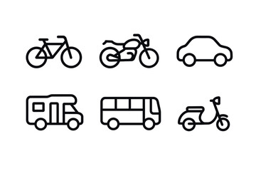 Fototapeta premium Simple outline icons of bicycle, motorcycle, car, rv, bus, and scooter