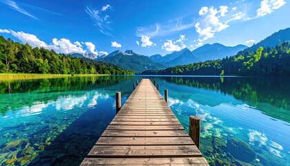 Obraz premium Wooden pier extending into a crystal clear turquoise lake surrounded by lush green forested mountains under a bright blue sky with scattered clouds