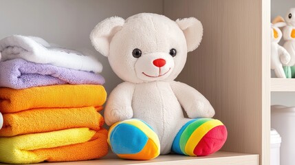 Teddy bear on colorful towels child's room home decor cozy atmosphere close-up view whimsical design