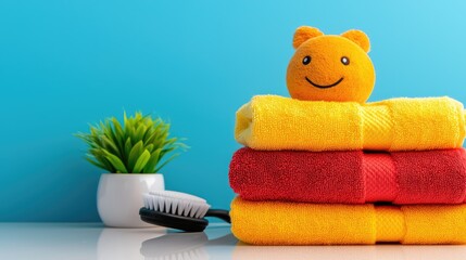 Brightly colored towels and a smiling toy in a cozy bathroom setup home photography clean environment close-up relaxation