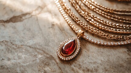 Elegant ruby pendant displayed on luxurious gold necklaces jewelry showcase delicate design close-up view glamour concept