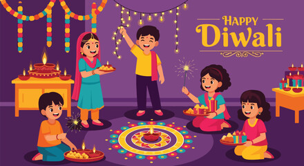 Cartoon illustration of happy children celebrating Diwali with sweets, sparklers, diyas, and decorations, symbolizing joy, family bonding, and festive traditions during the Indian festival of lights