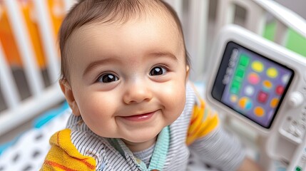 Happy baby playing with colorful toy in nursery candid photography playful environment close-up perspective