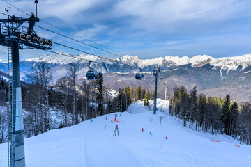 Panoramic View of a Ski Resort with Cable Cars and Snowy Mountains