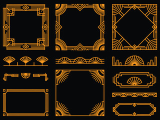 Geometric art deco ornament collection with luxury golden frames, lines, dividers, headers, and borders for elegant design