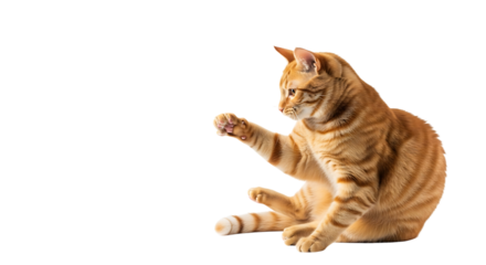 Orange tabby cat sitting and playing isolated on transparent background