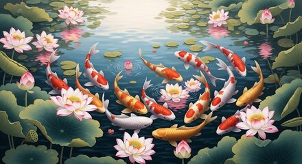 Koi fish and lotus flowers serene pond scene