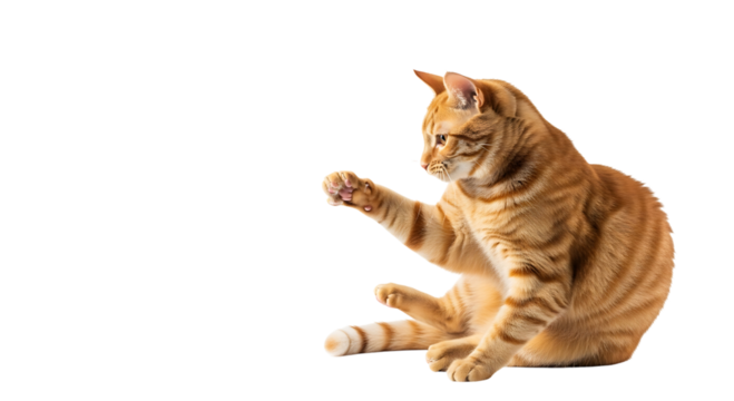 Orange tabby cat sitting and playing isolated on transparent background
