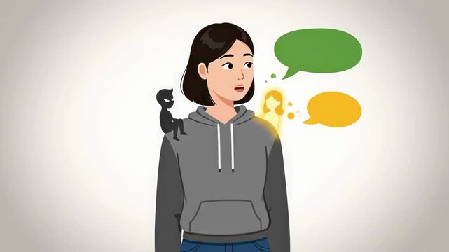 A young person's internal conflict concept, visualized with a good angel and a bad devil on their shoulders offering different advice