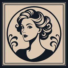 Female Portrait Art Deco Style in Circular Frame with Ornamental Floral Elements. Lady Face Graphic Vector Illustration. Fashion and Beauty Logo