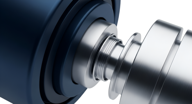 Close-up of Metal Screw Threads and Blue Component Keywords: metal, steel, chrome, silver, screw