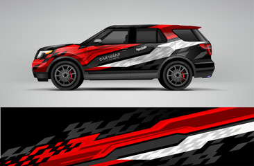 Obraz premium Red and black livery SUV wrap design with aggressive checkered stripe and dynamic motion pattern. Provided in editable vector EPS format.