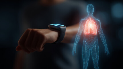 a man wearing a smart watch is using digital health technology to check his body data,