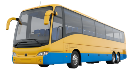 Yellow and Blue Tour Bus Isolated on Black Background Keywords: bus, coach, transportation