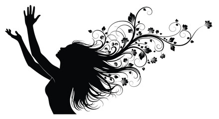 Silhouette of a woman with floral hair reaching upwards in freedom