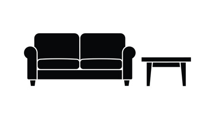 Simple black and white illustration of a sofa and small side table