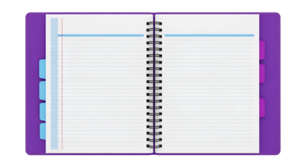 Open purple spiral bound notebook with lined pages