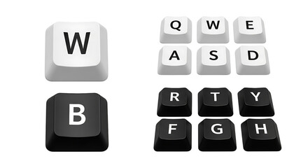 Keyboard keys with letters w, b, a, s, d, r, t, y, f, g, h isolated on transparent background