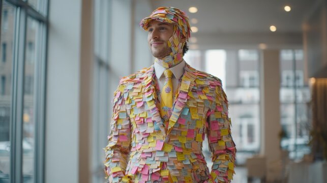 A man in an expensive suit covered in colorful sticky notes stands inside an office building, smiling confidently. He wears a cap also covered in sticky notes.
