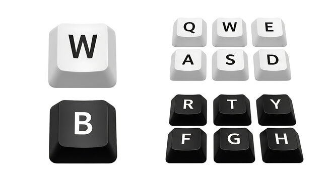 Keyboard keys with letters w, b, a, s, d, r, t, y, f, g, h isolated on transparent background