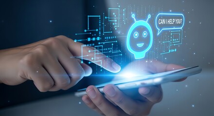 Person interacting with a futuristic ai chatbot hologram projected from a smartphone representing artificial intelligence and digital communication