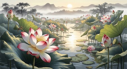 Lotus flower and lily pad pond artistic illustration