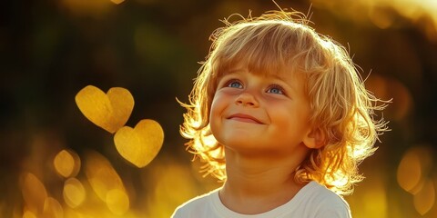 A young boy with blonde hair and blue eyes is smiling at the camera. He is wearing a white shirt and is standing in a field