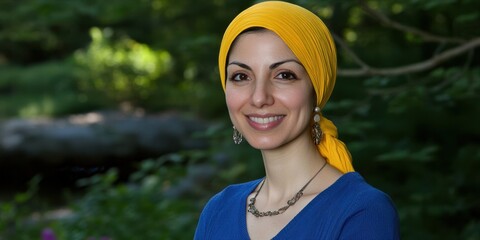 A woman wearing a yellow scarf and a blue shirt is smiling. She is wearing a necklace and earrings