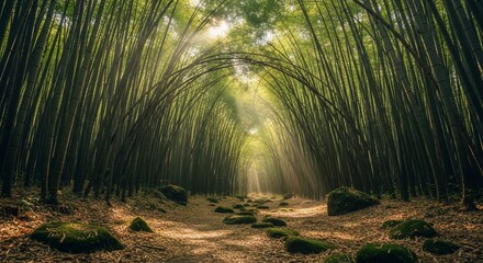 Lush bamboo forest tunnel with light rays natural environment background