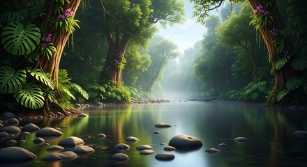 Lush forest landscape with calm river and mist