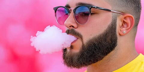 A man with a beard and glasses is smoking a cigarette. The image has a lighthearted and casual mood, as the man is not wearing a tie or any formal clothing. The pink background adds a pop of color