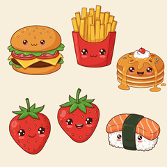 Set of cute kawaii cartoon food characters including a cheeseburger, french fries, maple syrup pancakes, two strawberries, and salmon sushi on a light beige background