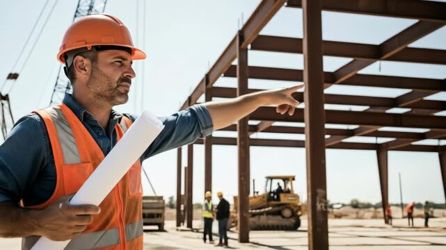 Construction worker in orange helmet holding blueprints, observing the construction site