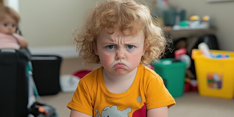 A young child with red hair and a yellow shirt is sitting on the floor with a frown on his face