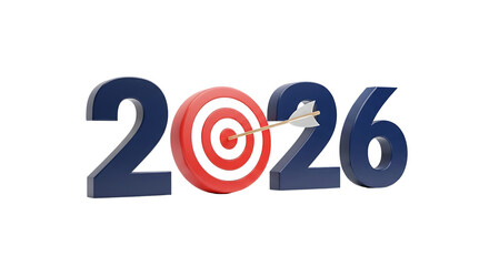 The year 2026 represented by large blue numbers with a red and white target in the center isolated on transparent background