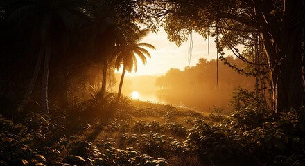 Lush jungle landscape with tropical vegetation and golden sunlight