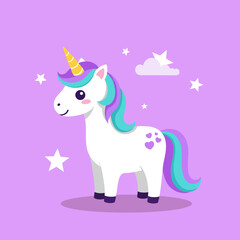 Cute cartoon unicorn standing with colorful mane and tail on a magical purple background with clouds and sparkling stars, flat vector illustration