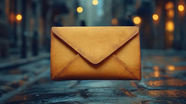 A brown envelope sits on top of a wet street, possibly abandoned or waiting to be picked up