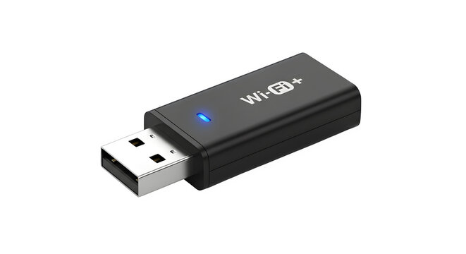 Black usb wifi adapter isolated on transparent background, featuring a compact design and a blue indicator light for wireless network connectivity - Powered by Adobe