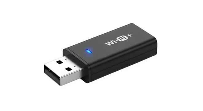Black usb wifi adapter isolated on transparent background, featuring a compact design and a blue indicator light for wireless network connectivity