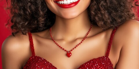 A woman wearing a red dress and a red heart necklace. She is smiling and looking at the camera