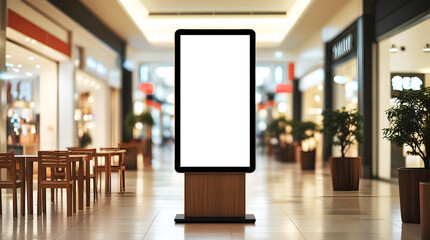 Modern digital advertising billboard with blank white display inside shopping mall. Ideal for branding, marketing promotion, retail advertising, and product presentation in commercial public space. 4k