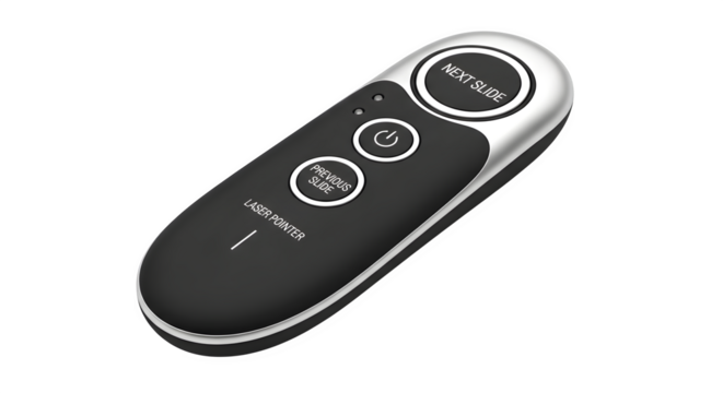 Sleek black and silver presentation remote isolated on transparent background, featuring intuitive controls for seamless slide navigation and laser pointer - Powered by Adobe