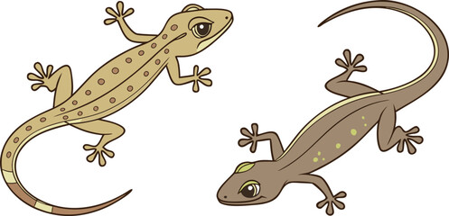 Two stylized black gecko silhouettes are depicted against a plain white background. The gecko on the left is positioned slightly diagonally, with its head and front legs turned to the viewer's left, a